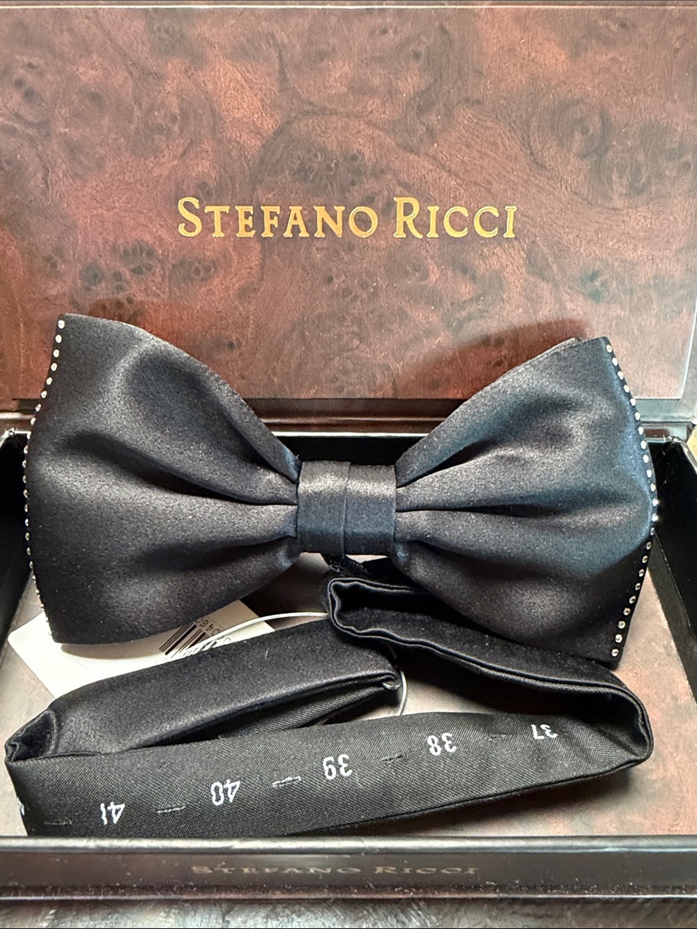 Stefano Ricci Black Satin Bow Tie with Crystal-Trim Edge